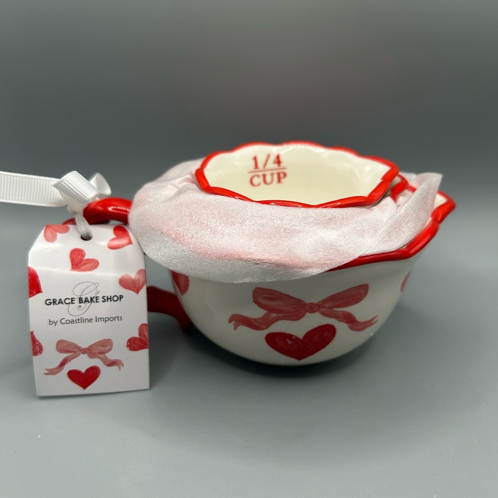 Potter’s Studio Grace Bakeshop Valentine Red BOW AND HEART Measuring Cups NEW